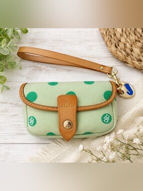 Dooney & Bourke Green Polka‎ Dot Wristlet Coin Purse Canvas Leather Mini Bag